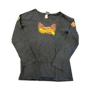 Harley Davidson Womens Black Heart Wings Cotton V Neck Long Sleeve T Shirt Sz 1X